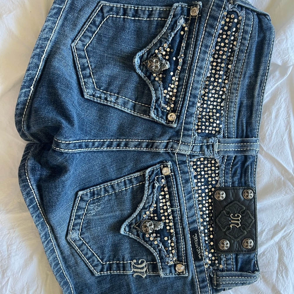 Miss Me Low Rise Blue Jean Shorts with Silver Accents
